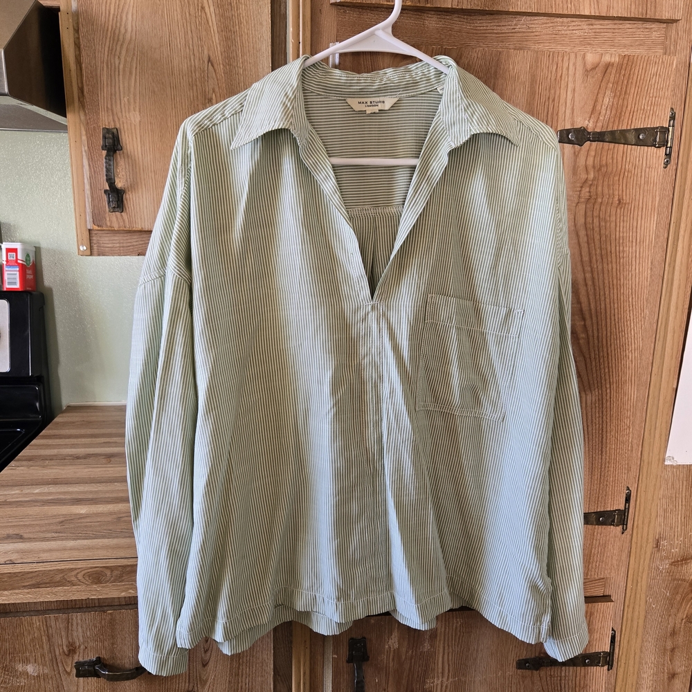 Max Studio Light Green and White Striped Shirt